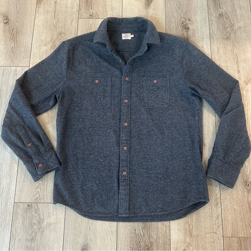 NWOT Faherty Dark Gray Blue Casual Button-Down Shirt 100% Cotton Size Large